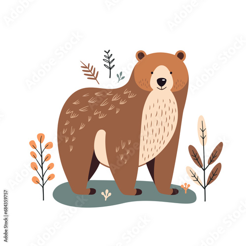 Cute cartoon bear in forest. Vector illustration on white background.