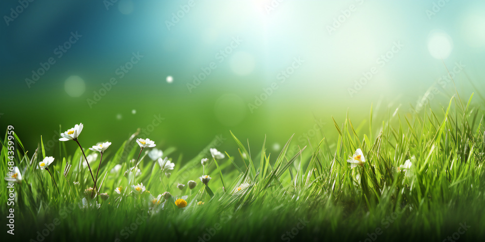 Spring background with green grass and white flowers, copy space