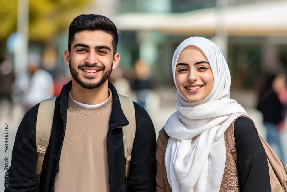 Smiling middle eastern students looking at the camera male and female. - obrazy, fototapety, plakaty 