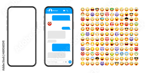 Smartphone messaging app, user interface design with emoji. SMS text frame. Chat screen with blue message bubbles. Texting app for communication. Social media application. Vector illustration