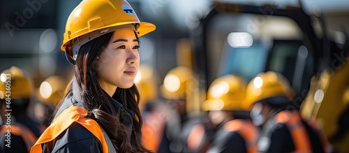 Asian woman in safety gear inspecting tracked excavator. photo