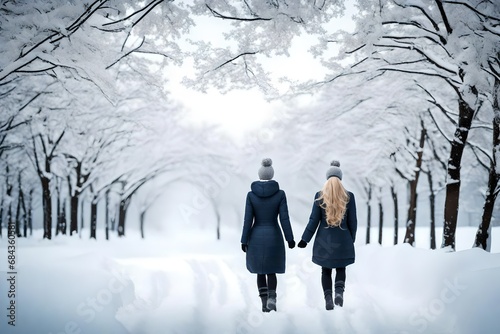 Back shoot off a woman walking in snow in Winter suit and snow bootsBack shoot off a woman walking in snow in Winter suit and snow boots photo