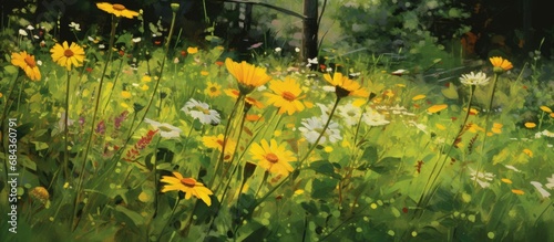 vibrant field of a rural garden, the summer breeze gently caresses the fresh, green leaves of blooming flowers, painting the environment with bursts of color, especially the bright yellow petals that