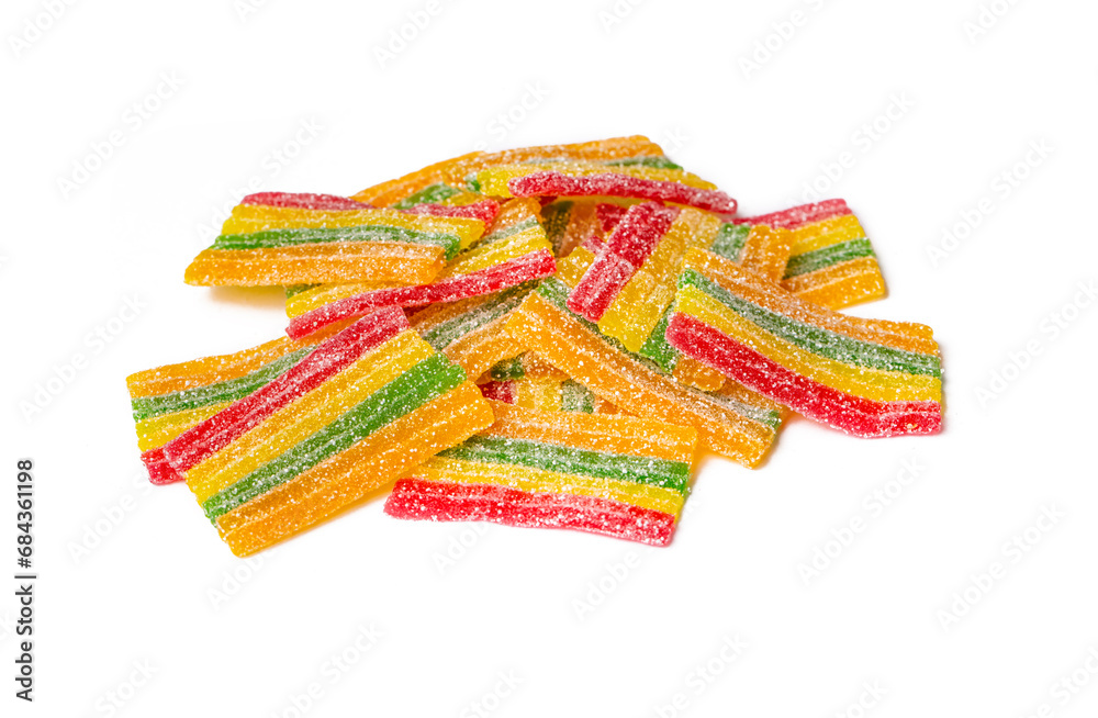 A colorful group of chewy sour candy sticks stacked.