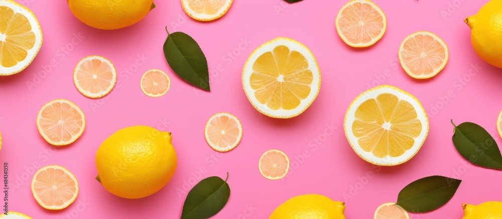 Frame fresh lemons and leaves top view flat lay on pink background