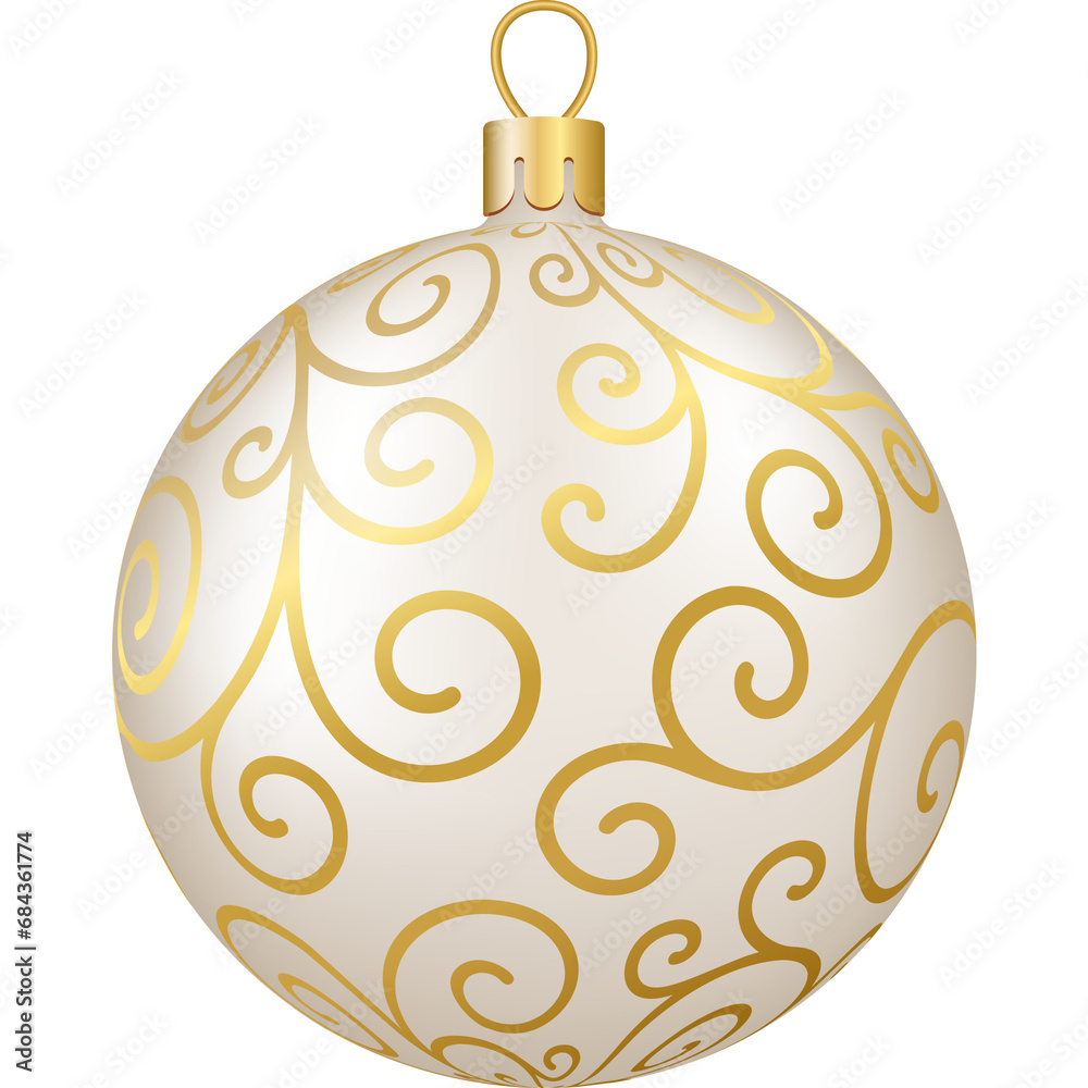 Christmas and New Year decor. Gold and white floral ornament ball. 3d realistic png illustration. Christmas and New Year decor. Gold and white floral ornament ball. 3d realistic png illustration.