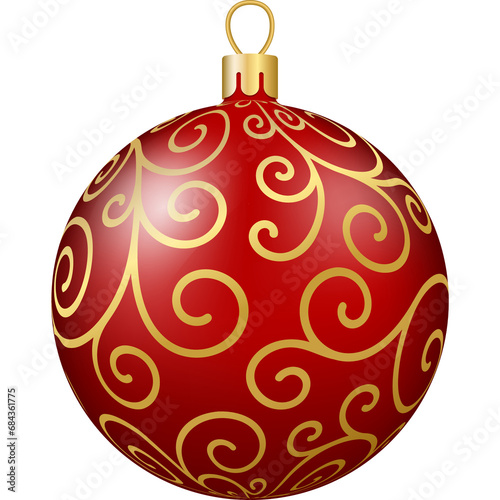 Christmas and New Year decor. Gold and red floral ornament ball. 3d realistic png illustration.