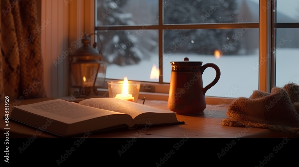 Atmospheric still life with a book, candle and a cup of coffee by the window in winter Atmospheric still life with a book, candle and a cup of coffee by the window in winter