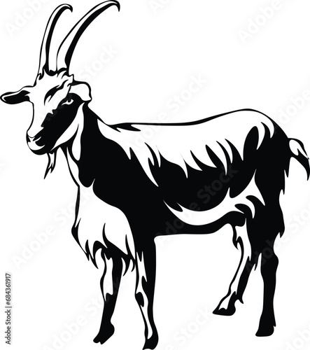 Cartoon Black and White Isolated Illustration Vector Of A Goat with Horns Standing