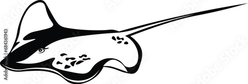 Cartoon Black and White Isolated Illustration Vector Of A Swimming Stingray