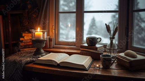 Atmospheric still life with a book, candle and a cup of coffee by the window in winter 