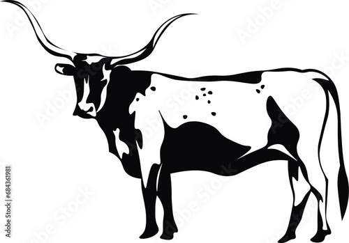 Cartoon Black and White Isolated Illustration Vector Of A Highland Cow with Long Horns