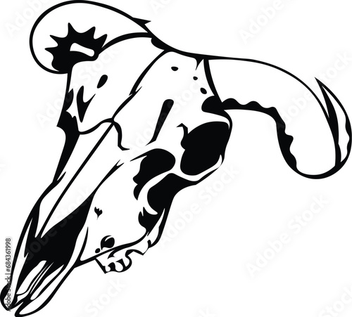 Cartoon Black and White Isolated Illustration Vector Of A Hanging Animal Skull with Horns