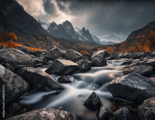 Beautiful cinematic mountain landscape with black marble and granite