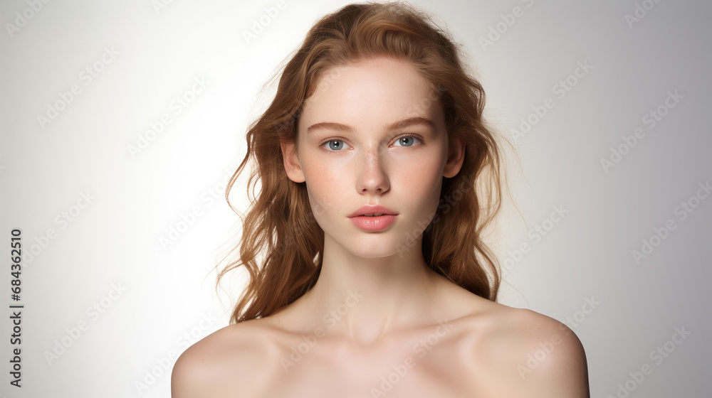 Naklejka premium portrait of a young beautiful European woman on a white background, face, girl, beauty, care, cosmetics, clear skin, smile, hair, style, spa, cosmetology, model, studio, advertising, person, lady