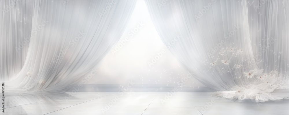 Elegant sheer curtains and flowers with soft white light - obrazy, fototapety, plakaty 