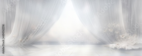 Elegant sheer curtains and flowers with soft white light
