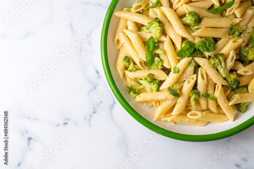 Creamy penne pasta with homemade broccoli and cheese. Turkish name; brokolili makarna photo