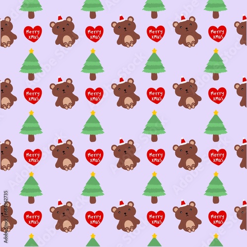 Fototapeta Naklejka Na Ścianę i Meble -  christmas pattern, background brown bears, Christmas trees and hearts.