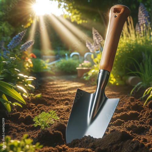 A photo of a long-handled spade with a reinforced steel blade, placed in a garden setting, highlighting its durability for heavy-duty gardening photo