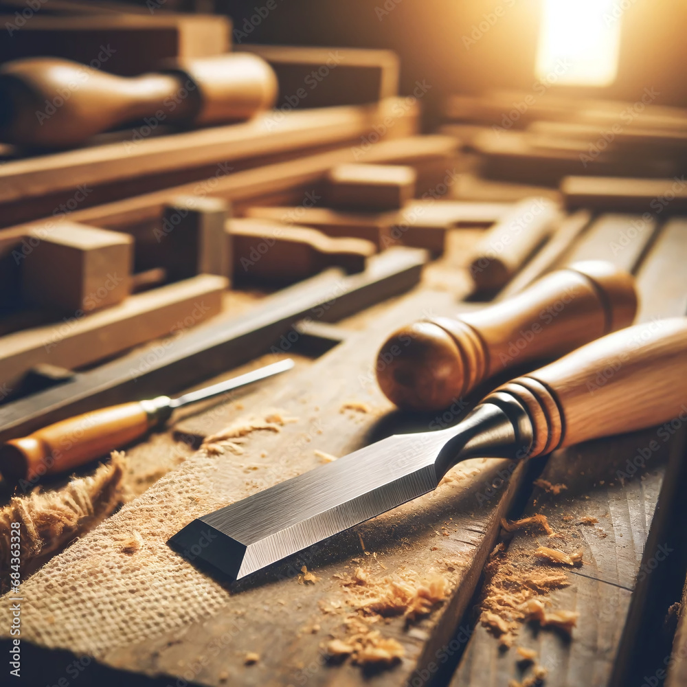 A photo of a chisel with a wooden handle, placed on a workbench, emphasizing its sharp blade and fine craftsmanship, ideal for woodworking - obrazy, fototapety, plakaty 