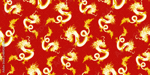  Happy  Chinese new year, Year of the dragon 2024.  Chinese, Japanese Asian style dragon seamless pattern, poster, card, background design