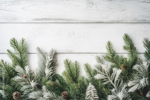 Christmas background with fir tree branches and cones on white wooden table. Top view with copy space. The concept of Christmas