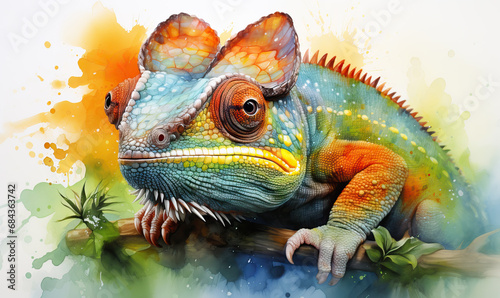 Watercolor, colorful chameleon on a white background. © Andreas