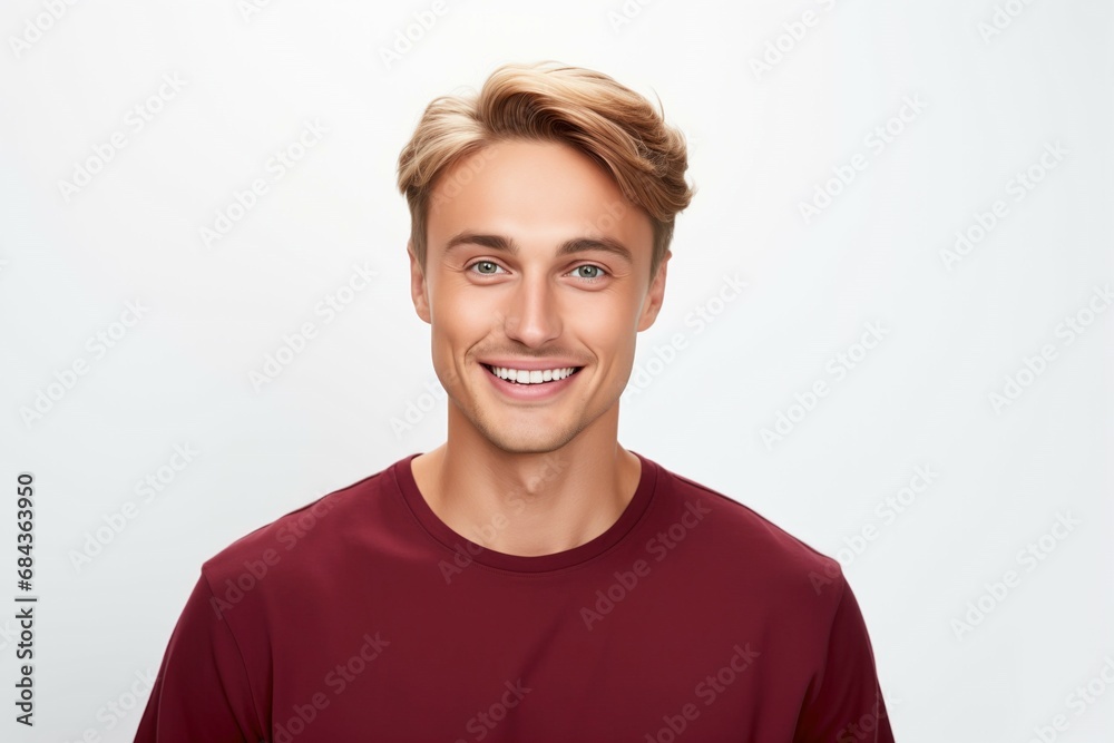 Young Attractive Fictional Swedish Model Portrait. Handsome Man with Blond Hair and Blue Eyes in Casual Shirt Smiling Isolated on a Plain White Background. Generative AI. Young Attractive Fictional Swedish Model Portrait. Handsome Man with Blond Hair and Blue Eyes in Casual Shirt Smiling Isolated on a Plain White Background. Generative AI.