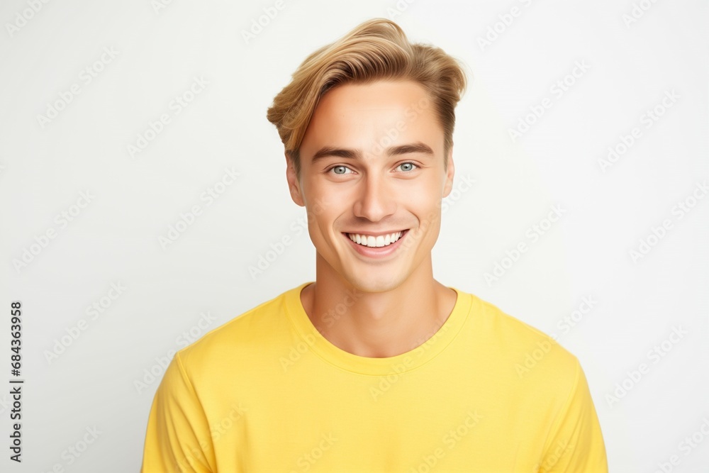 Young Attractive Fictional Swedish Model Portrait. Handsome Man with Blond Hair and Blue Eyes in Casual Shirt Smiling Isolated on a Plain White Background. Generative AI. Young Attractive Fictional Swedish Model Portrait. Handsome Man with Blond Hair and Blue Eyes in Casual Shirt Smiling Isolated on a Plain White Background. Generative AI.
