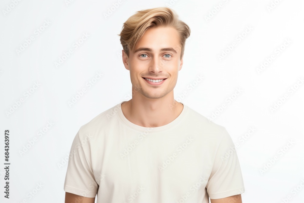 Young Attractive Fictional Scandinavian Model Portrait. Handsome Man with Blond Hair and Blue Eyes in Casual Shirt Smiling Isolated on a Plain White Background. Generative AI. Young Attractive Fictional Scandinavian Model Portrait. Handsome Man with Blond Hair and Blue Eyes in Casual Shirt Smiling Isolated on a Plain White Background. Generative AI.