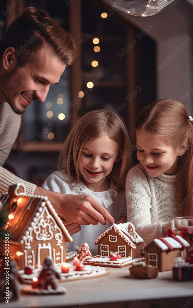 Happy family, father and daughter decorate Christmas gingerbread house together, Christmas and New Year traditions in family