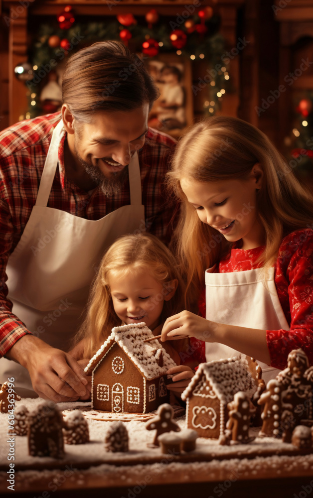 Happy family, father and daughter decorate Christmas gingerbread house together, Christmas and New Year traditions in family