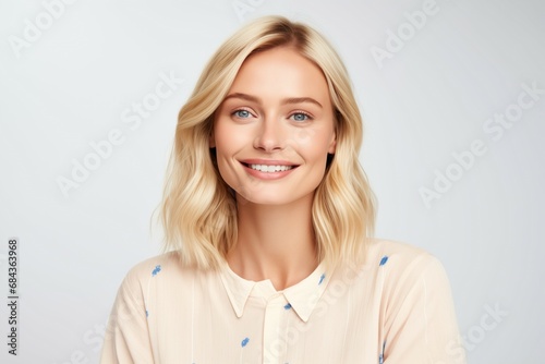Young Attractive Fictional Swedish Model Portrait. Beautiful Woman with Blond Hair and Blue Eyes in Casual Shirt Smiling Isolated on a Plain White Background. Generative AI.