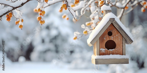 The quaint scene of a bird in a rustic wooden birdhouse, set against the backdrop of a snowy winter landscape