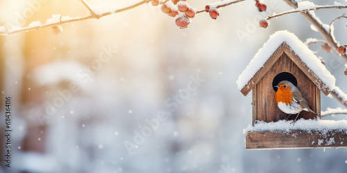 The quaint scene of a bird in a rustic wooden birdhouse, set against the backdrop of a snowy winter landscape © Malika