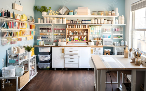A craft room with a sewing machine, filled with a variety of accessories and supplies for DIY, decorating gifts and sewing photo