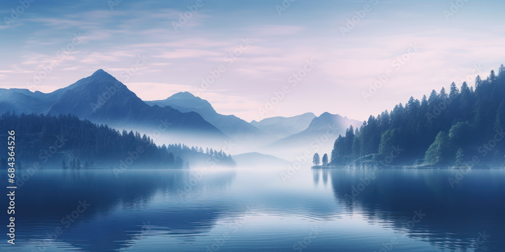 The pristine scene of a lake surrounded by lush trees and towering mountains, illuminated by the first light of dawn