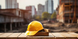 bright yellow helmet on a wooden bench, with the busy activity of a construction site behind