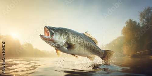 bass captured mid-jump, its mouth open, with the soft colors of a misty morning lake behind