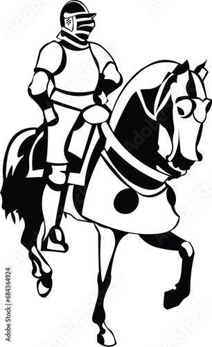 Cartoon Black and White Isolated Illustration Vector Of A Knight in Suit of Armor Riding on A Horse