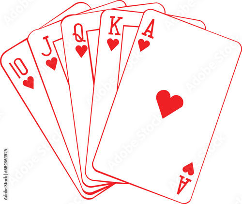 Cartoon Black and White Isolated Illustration Vector Of A Royal Flush Of Hearts Poker Hand