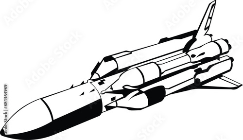 Cartoon Black and White Isolated Illustration Vector Of A Spaceship Rocket with Space Shuttle On