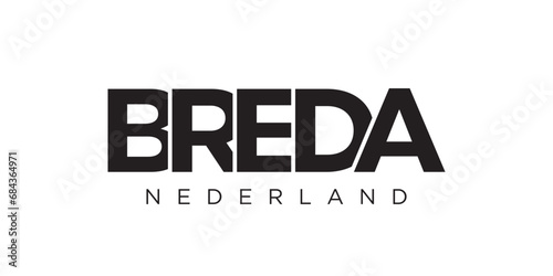 Breda in the Netherlands emblem. The design features a geometric style, vector illustration with bold typography in a modern font. The graphic slogan lettering.