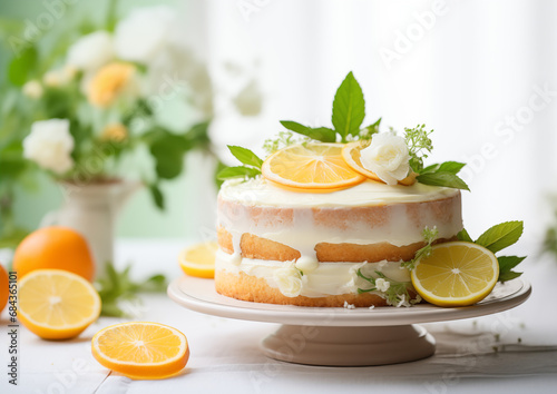 A light and airy slice of citrus chiffon cake, with an assortment of citrus fruits and blossoms behind it. 