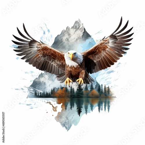 Double exposure of flying eagle with nature landscape watercolor style.