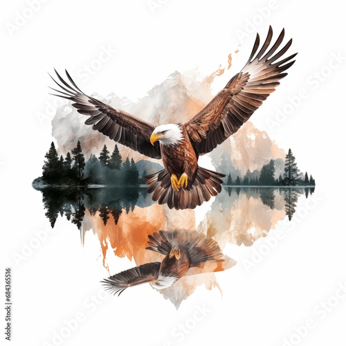 Double exposure of flying eagle with nature landscape watercolor style. photo