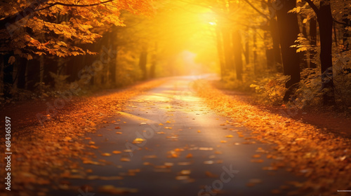 Autumn blurred road landscape. Autumn mystical forest road in autumn leaves background