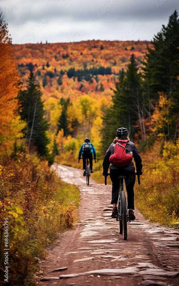 Wellness and sport activity in autumn, Two cyclists riding along an autumn forest road, back view
