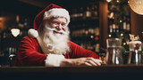 Santa Claus in the bar. Cheerful happy and smiled bearded man in Santa suit in pub. Glass of beer in hands. Merry Christmas and Happy New Year. Alcohol, drinking beer. Winter holidays. Generated AI